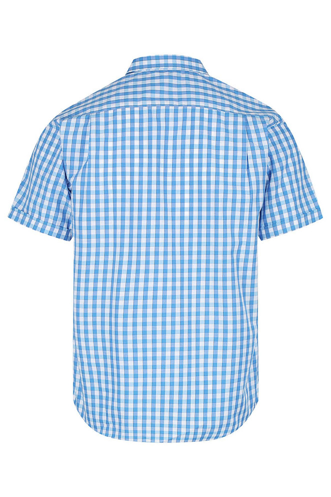 A short-sleeve men's button-up shirt in blue and white check pattern, featuring a collar and back yoke.