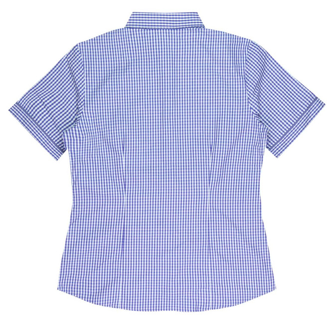 A short-sleeved button-up shirt in blue and white checkered pattern with a collar and rear view. Features a logo.