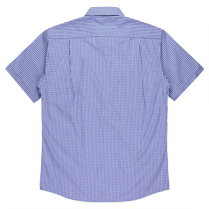A short-sleeve button-up shirt in blue and white gingham pattern, featuring a logo on the back.
