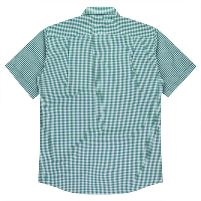 A short sleeve button-up shirt in a green check pattern, featuring a logo on the back.