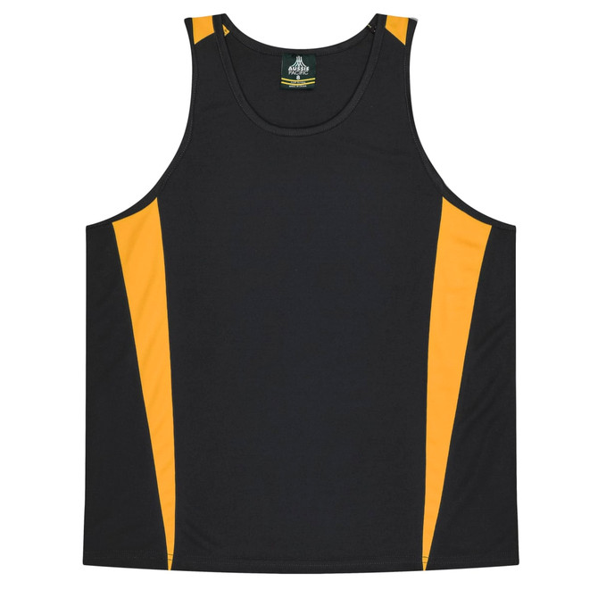 A black singlet with yellow side panels and a logo on the neckline. Suitable for kids.