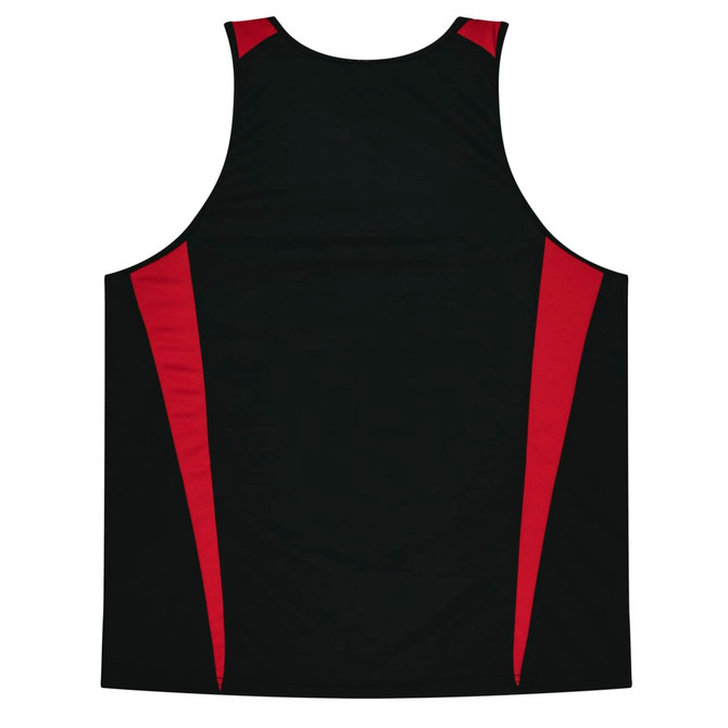 A black singlet with red side panels, featuring a logo on the front.
