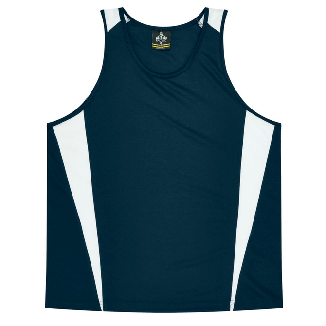 A dark navy singlet featuring white side panels and a branding logo at the neckline.