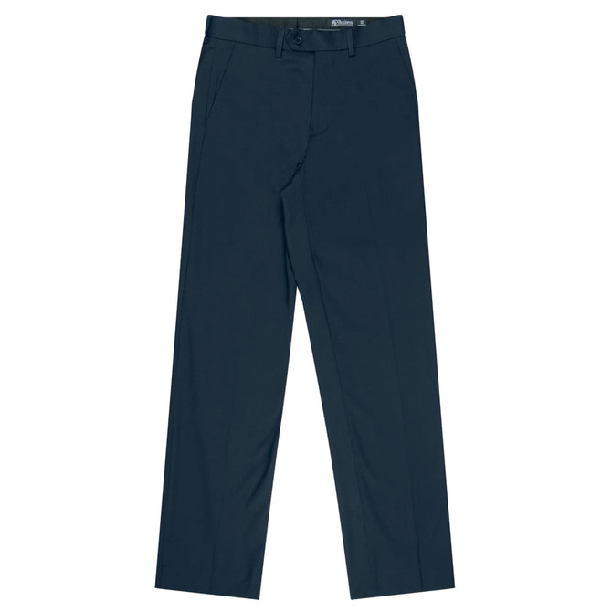 Flat front men's pants in a dark navy colour, featuring pockets and a waistband with a logo.