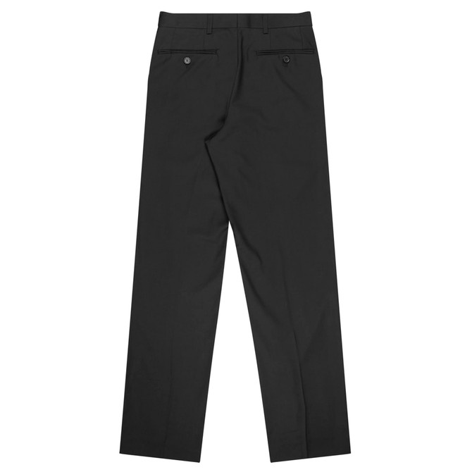 Flat front men's slacks in black, featuring two back pockets and a streamlined design.