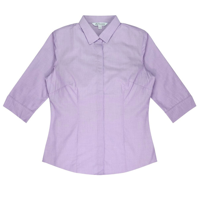 A lavender button-up shirt with three-quarter sleeves and a collar, featuring a logo.