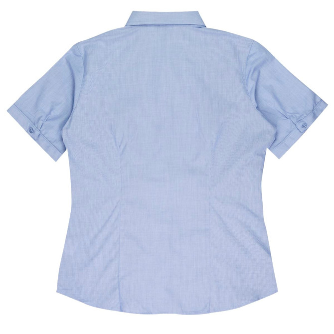 A light blue short sleeve button-up shirt with a fitted design and a collar, featuring brand logos on the fabric.