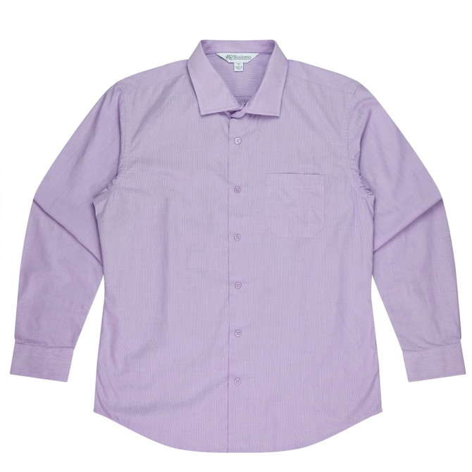 A long sleeve button-up shirt in light purple, featuring a chest pocket and a logo on the label.