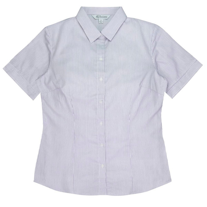 A short sleeve women's shirt featuring a white and navy striped pattern and a button-down collar. It includes a logo.