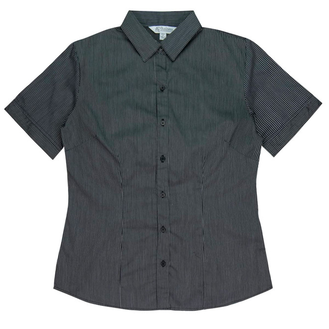 Short-sleeve ladies' shirt in black with a subtle stripe pattern, featuring a collar and buttons down the front.
