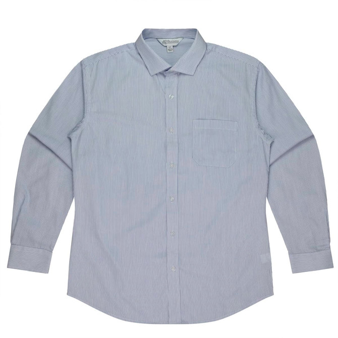 A long sleeve button-up shirt in blue and white vertical stripes, featuring a chest pocket and a logo.