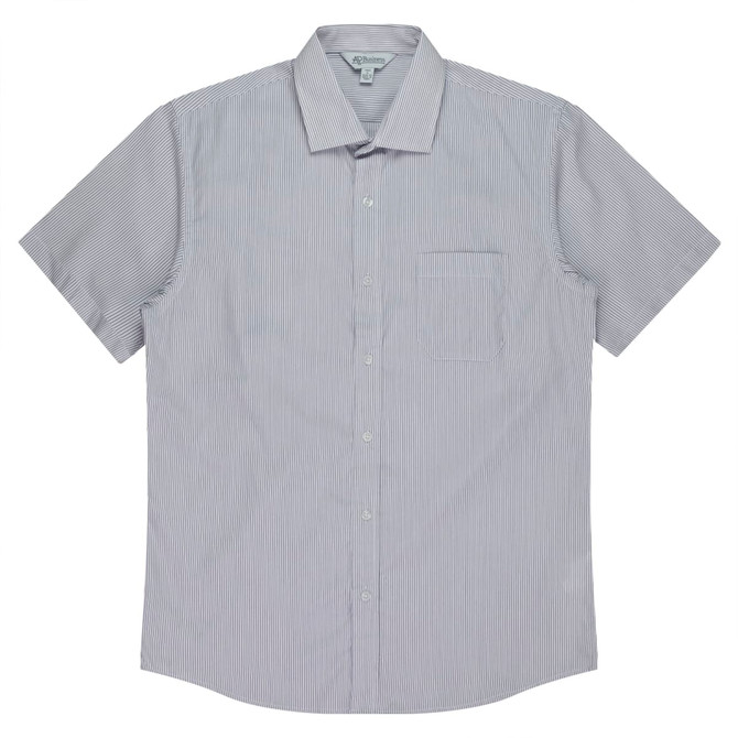 Short-sleeve button-up shirt featuring a striped pattern in grey and white, with a single chest pocket and a logo.
