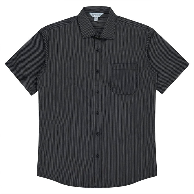 Short sleeve button-up shirt in black with a subtle striped pattern and a chest pocket. Features a logo.
