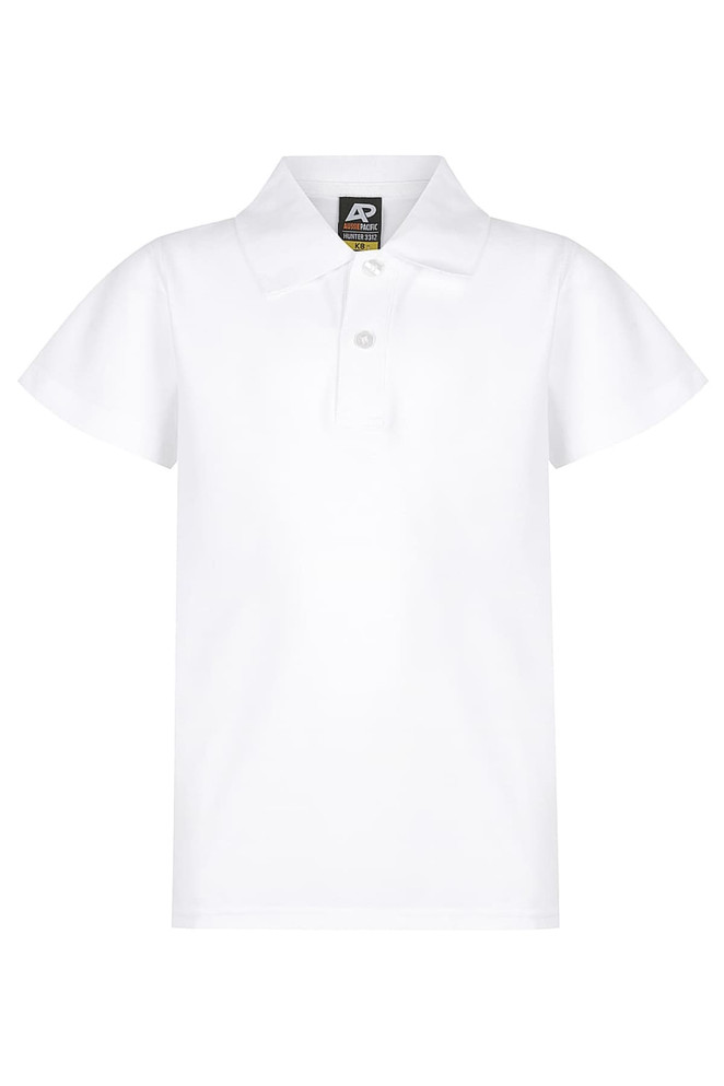 A white polo shirt for kids featuring a three-button placket and a collar. Includes a logo on the label.