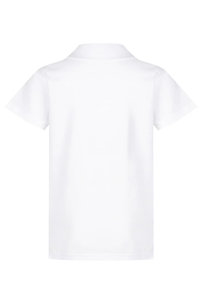 A white polo shirt for kids with short sleeves and a collar, featuring a logo on the back.