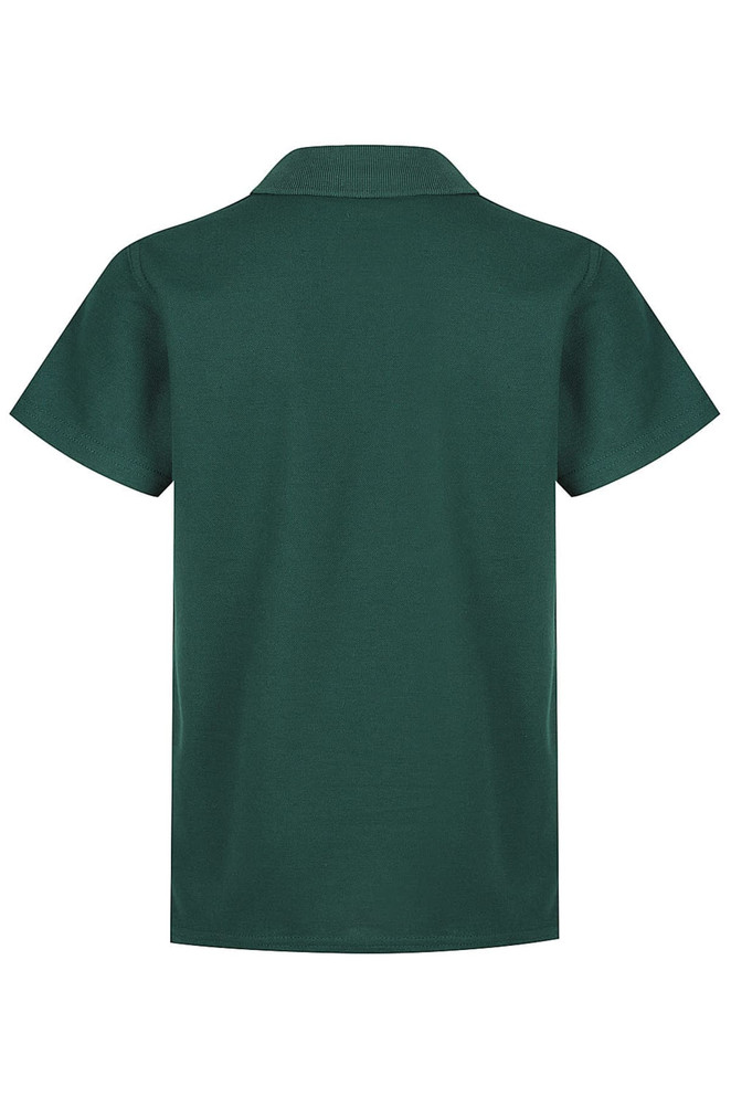 A green polo shirt with a collar and short sleeves, featuring a logo on the back.