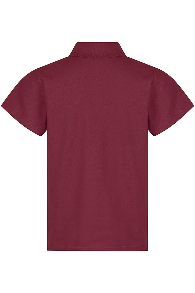 A maroon polo shirt featuring a collar and short sleeves, with a logo on the back.