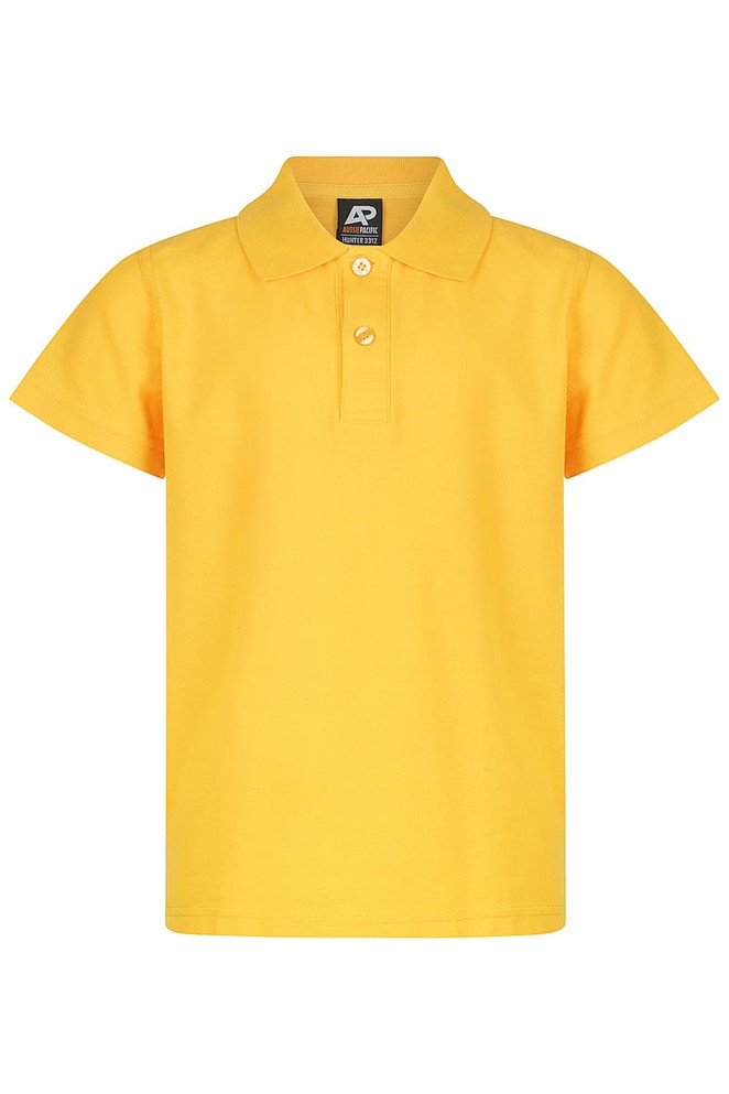 A yellow polo shirt with a collar, featuring a three-button placket and a logo on the label.