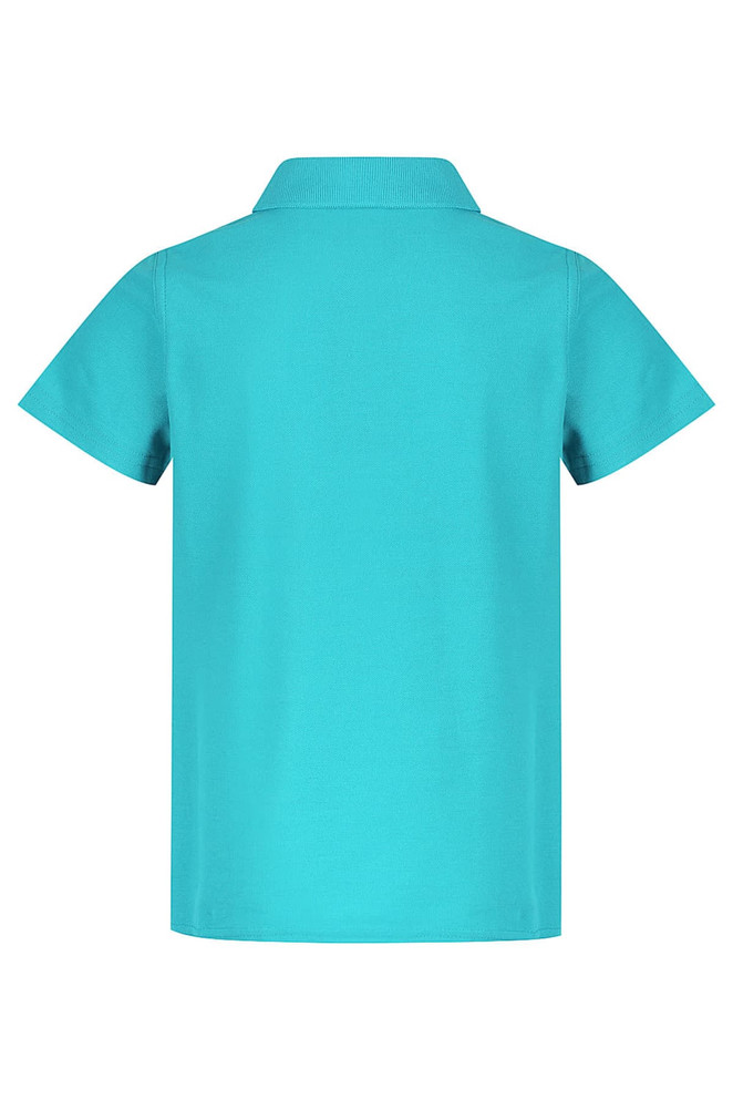 A turquoise polo shirt for kids with a classic collar and short sleeves, featuring a logo.