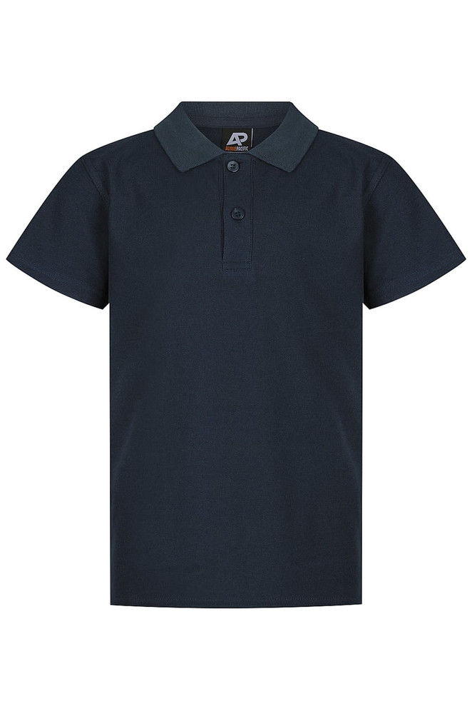 A navy blue polo shirt with a collar and three buttons, featuring a small logo.