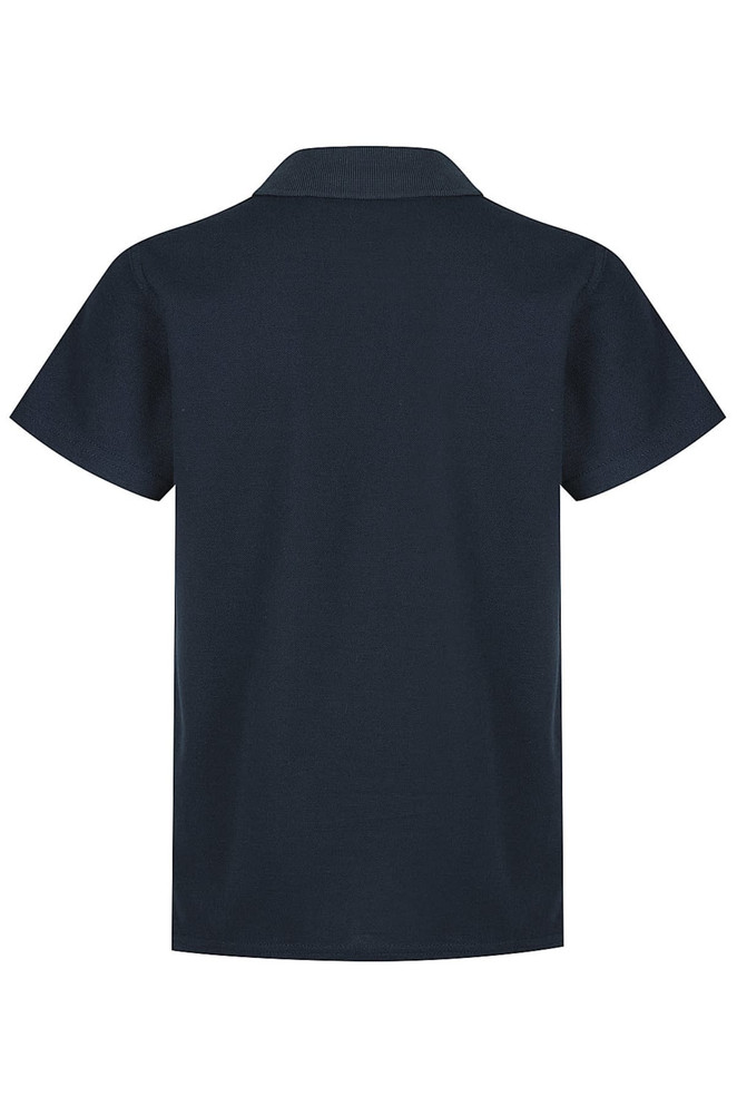 A navy blue polo shirt designed for kids, featuring a collared neckline and short sleeves. The back view is displayed.