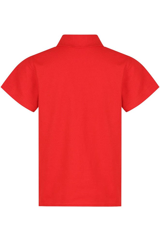 A red polo shirt with short sleeves and a collar, featuring a logo on the back.