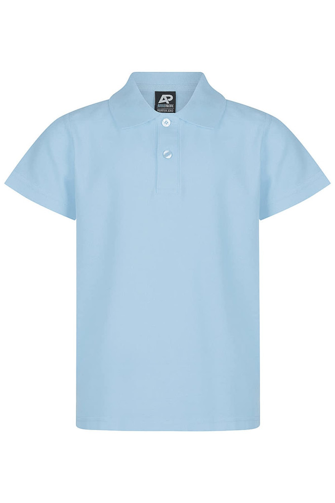 A light blue polo shirt with a collar and three-button placket, featuring a logo on the tag.