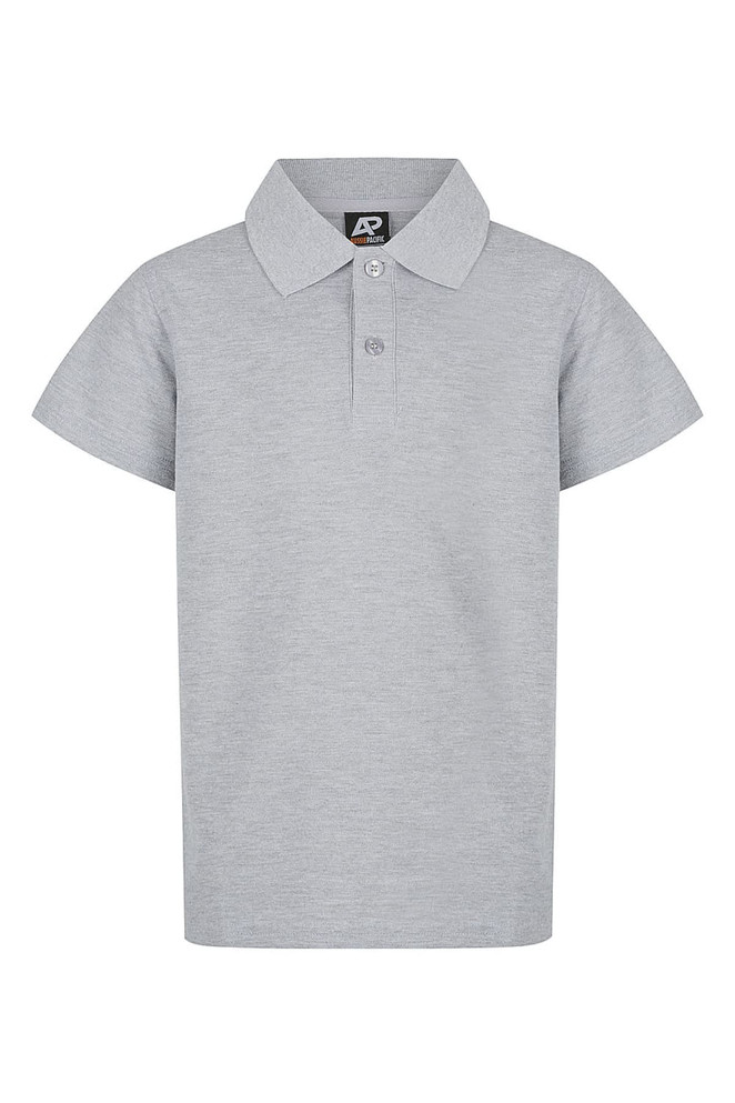 A grey polo shirt featuring short sleeves and a collar, with a three-button placket and a brand logo.
