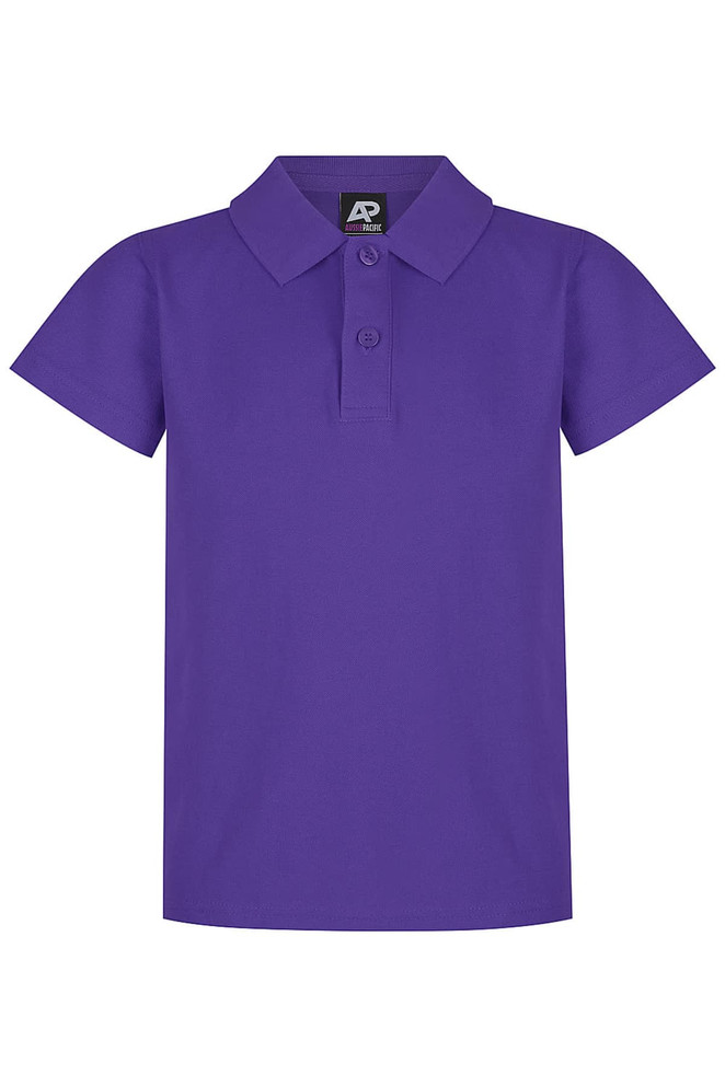 A purple polo shirt featuring a classic collar and short sleeves, with a logo on the label.