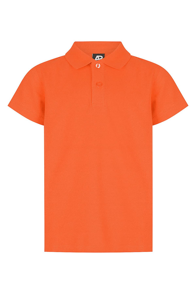 An orange polo shirt featuring a collar and short sleeves, with a logo on the front.