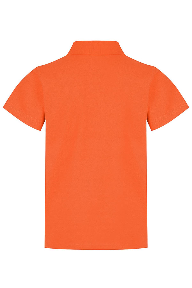 An orange polo shirt with a classic collar and short sleeves, featuring a logo on the back.
