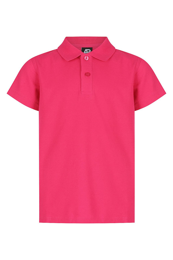 A pink polo shirt for kids featuring a collar and a button placket. The shirt has a branded logo.