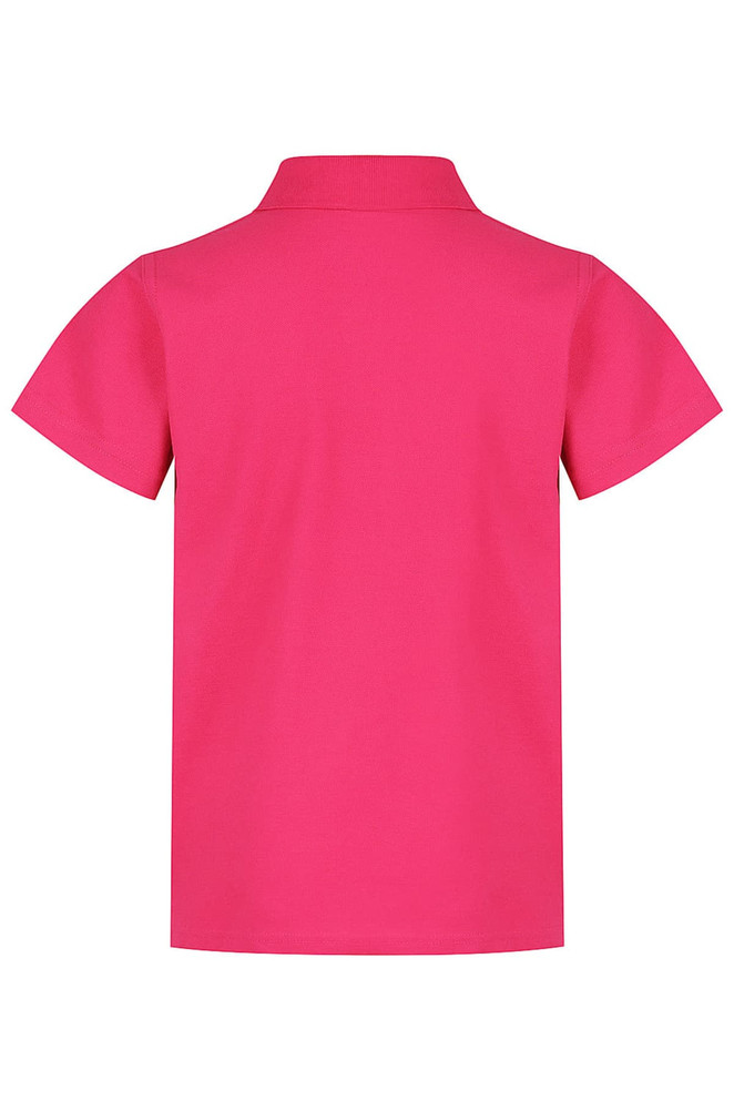 A bright pink polo shirt with a classic collar and short sleeves, featuring a logo on the back.