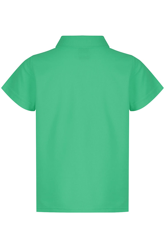 A green polo shirt with a short-sleeve design and a collar, featuring a logo on the front.