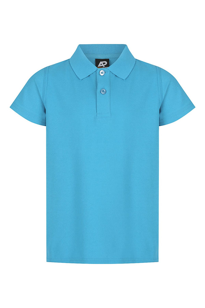 A light blue polo shirt with a collar and a logo on the label. It has short sleeves and a button front.