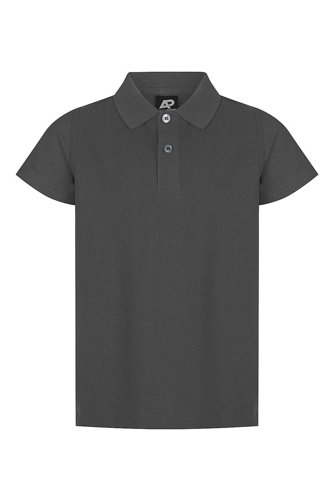 A dark grey polo shirt with a collar and three-button placket, featuring a logo on the chest.