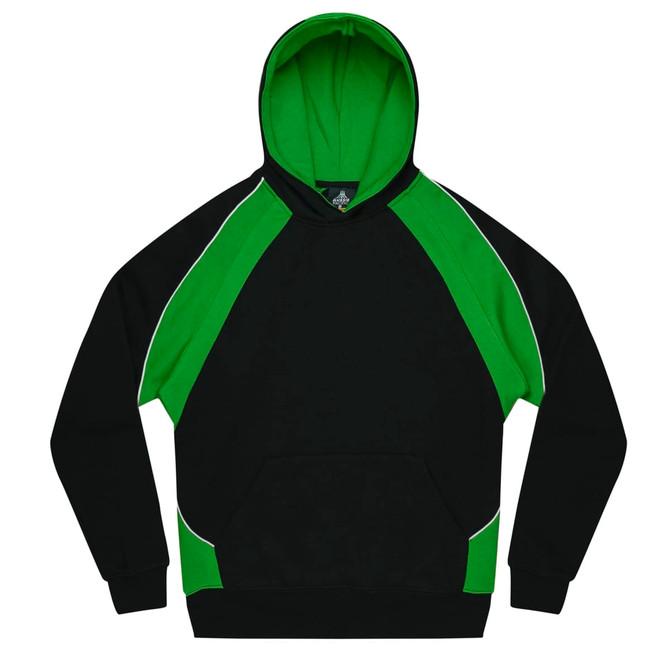 A black and green hoodie with a hood, featuring a kangaroo pocket and contrasting sleeve design.