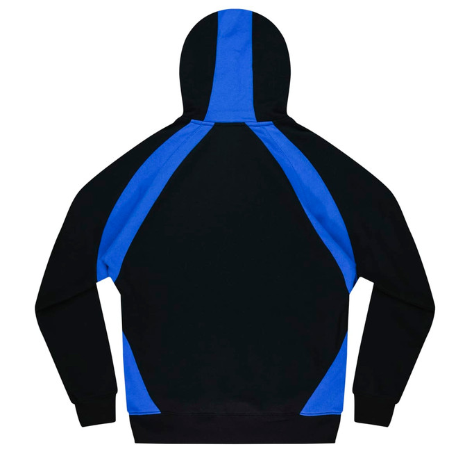 A black and blue hoodie with a large hood and contrasting colour panels on the back. Features a logo.