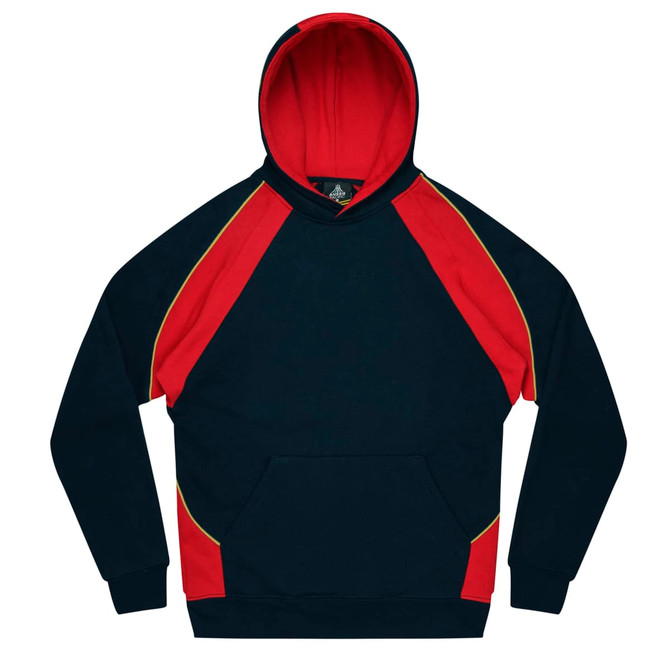 A hooded jumper featuring a navy base with red and yellow accents, designed for children. Includes a front pocket and a logo.