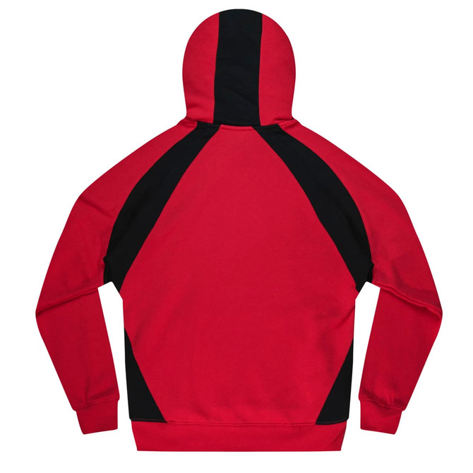 A red hoodie featuring black accents on the back. It has a hood and long sleeves.