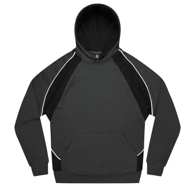 A grey and black hoodie featuring a pocket and contrasting panels, with a hood and a small logo.