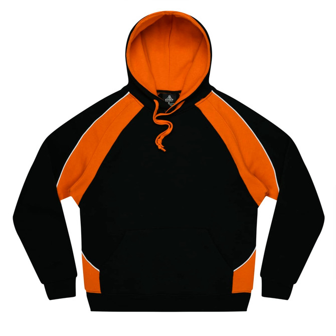 A black and orange hoodie featuring a kangaroo pocket and a hood, with a logo on the front.