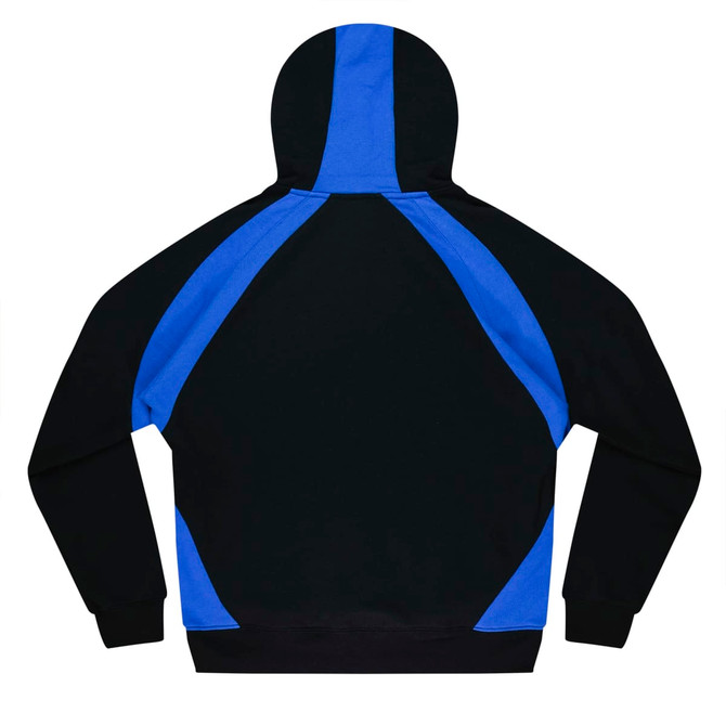 A men's hoodie featuring a black body with blue panel accents and a hood, showcasing a large back view.