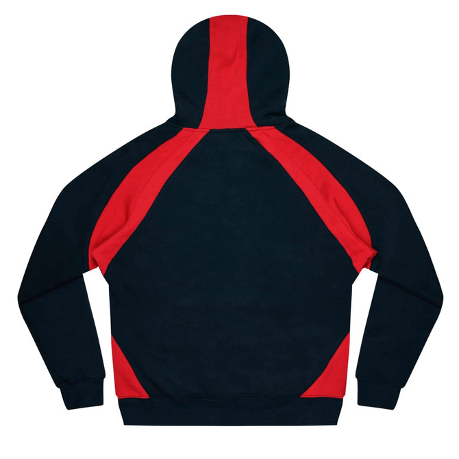A black hoodie with red accents on the shoulders and hood, featuring a logo.