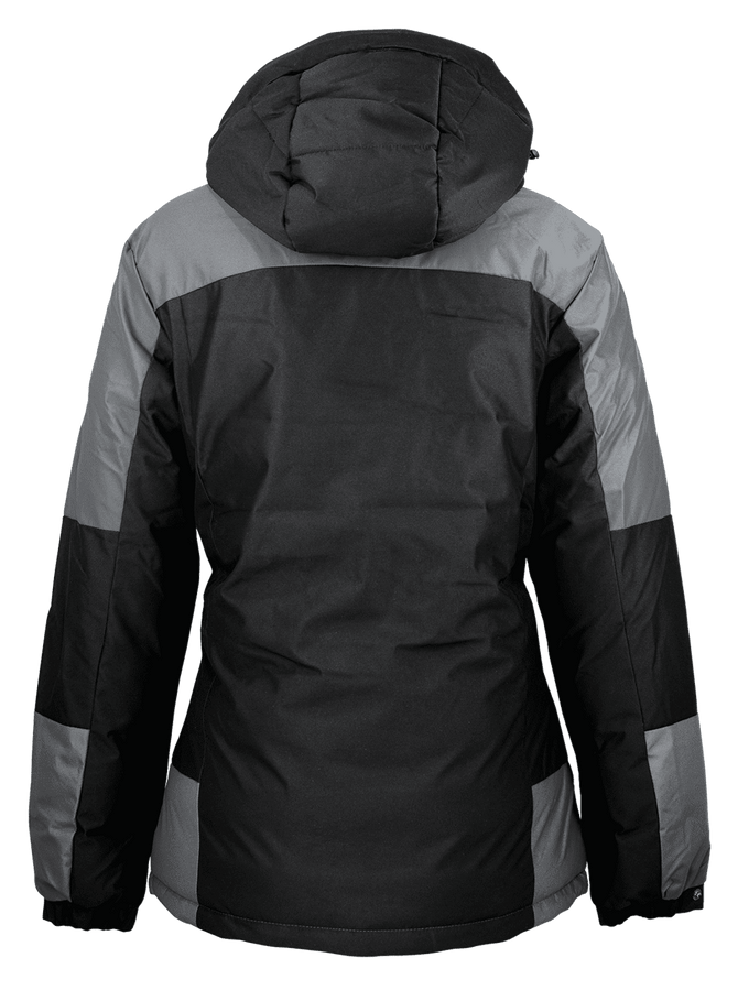 A women's jacket featuring a hood, primarily black with grey accents, showcasing a modern design.