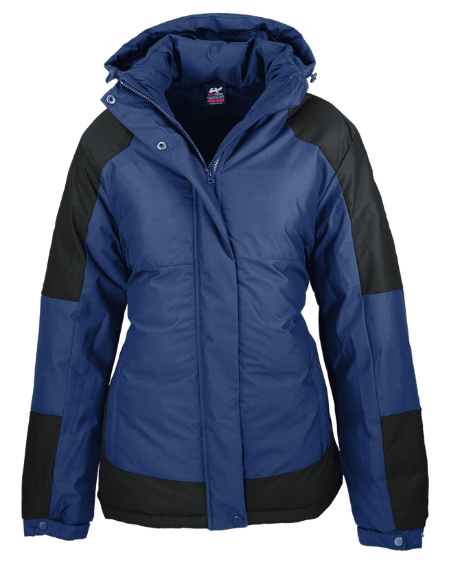 A navy blue jacket with black panels and a hood, featuring a zip closure and pockets.