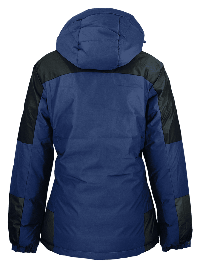 A navy and black jacket with a hood, featuring a sleek design and a logo on the back.