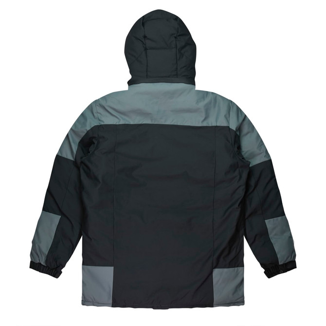 A jacket featuring a dark green and grey colour scheme, with a hood and elastic cuffs. It has a logo on it.