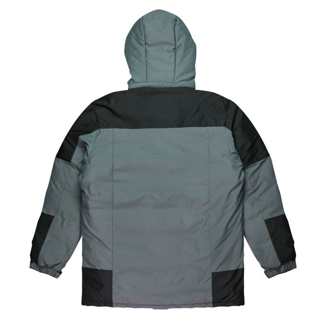 A men's jacket in shades of grey and green, featuring a hood and contrasting panel design on the back.