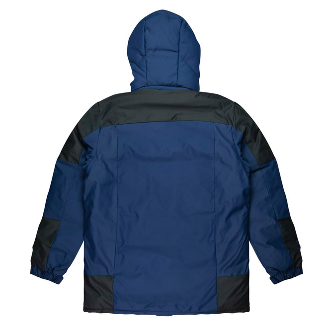 A navy blue jacket with a hood, featuring black accents on the shoulders and sides, showcasing a simple design.